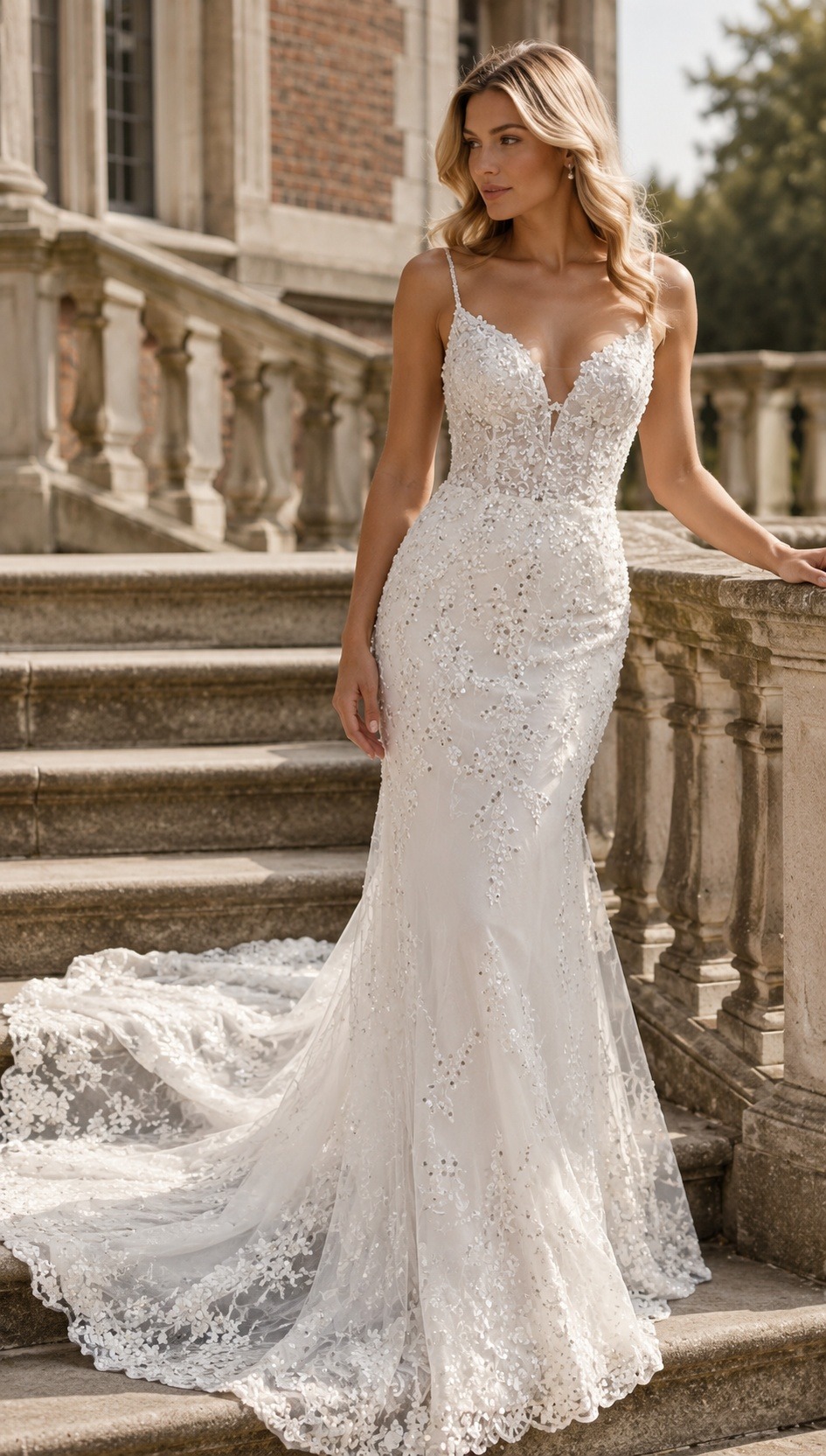 Bride in a strapless satin wedding gown with her hair in an updo, standing between stone columns