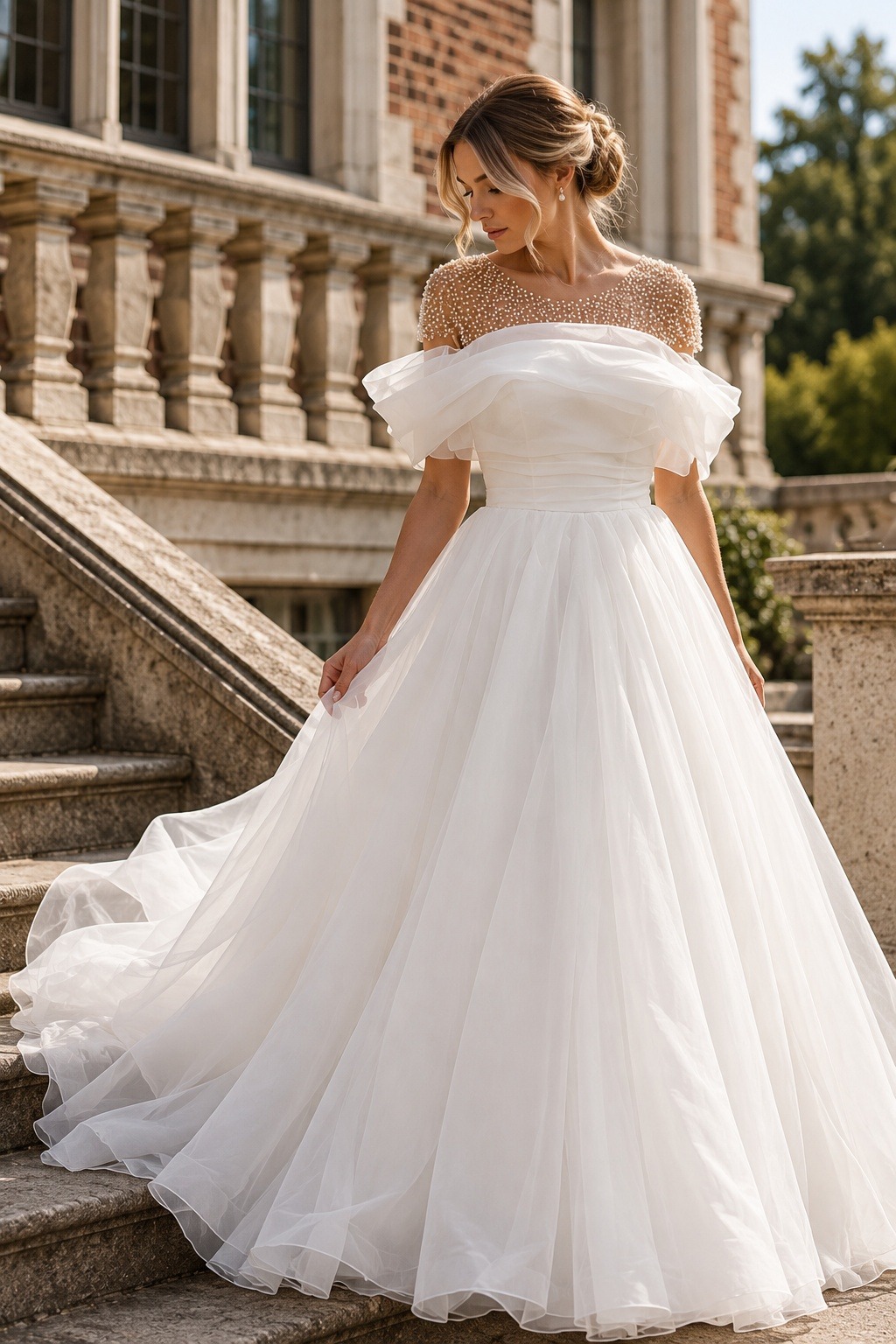 Bride in an off-the-shoulder ruffled wedding gown standing on stone steps
