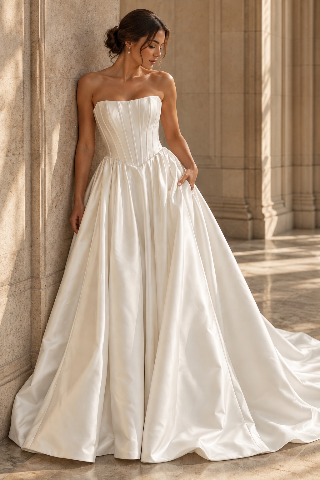 Bride in a lace V-neck wedding gown with thin straps beside a stone balustrade